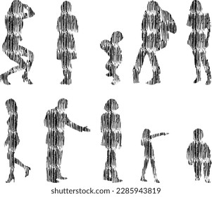 Vector illustration, Outline silhouettes of people, Contour drawing, people silhouette, Icon Set Isolated , Silhouette of sitting people, Architectural set	
