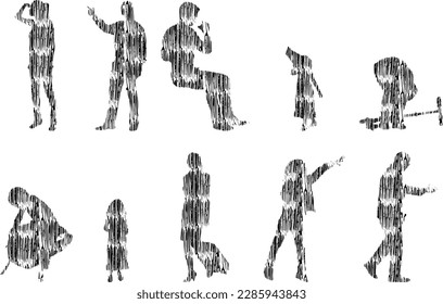 Vector illustration, Outline silhouettes of people, Contour drawing, people silhouette, Icon Set Isolated , Silhouette of sitting people, Architectural set	
