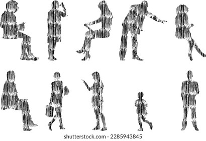 Vector illustration, Outline silhouettes of people, Contour drawing, people silhouette, Icon Set Isolated , Silhouette of sitting people, Architectural set	
