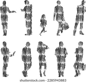 Vector illustration, Outline silhouettes of people, Contour drawing, people silhouette, Icon Set Isolated , Silhouette of sitting people, Architectural set	
