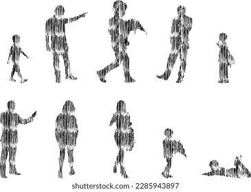 Vector illustration, Outline silhouettes of people, Contour drawing, people silhouette, Icon Set Isolated , Silhouette of sitting people, Architectural set	
