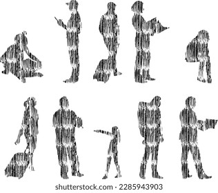 Vector illustration, Outline silhouettes of people, Contour drawing, people silhouette, Icon Set Isolated , Silhouette of sitting people, Architectural set	
