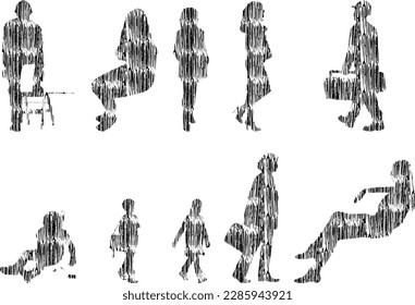 Vector illustration, Outline silhouettes of people, Contour drawing, people silhouette, Icon Set Isolated , Silhouette of sitting people, Architectural set	
