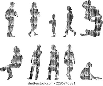 Vector illustration, Outline silhouettes of people, Contour drawing, people silhouette, Icon Set Isolated , Silhouette of sitting people, Architectural set	
