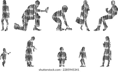 Vector illustration, Outline silhouettes of people, Contour drawing, people silhouette, Icon Set Isolated , Silhouette of sitting people, Architectural set	

