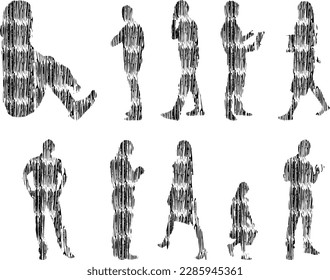 Vector illustration, Outline silhouettes of people, Contour drawing, people silhouette, Icon Set Isolated , Silhouette of sitting people, Architectural set	
