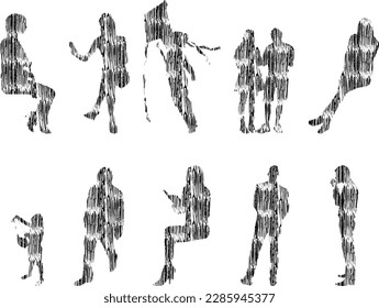 Vector illustration, Outline silhouettes of people, Contour drawing, people silhouette, Icon Set Isolated , Silhouette of sitting people, Architectural set	

