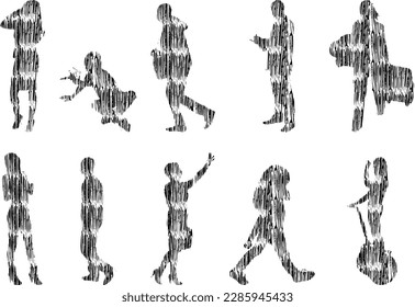 Vector illustration, Outline silhouettes of people, Contour drawing, people silhouette, Icon Set Isolated , Silhouette of sitting people, Architectural set	
