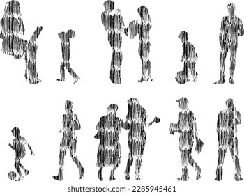 Ilustración vectorial, Siluetas de contorno de personas, Dibujo de contorno, silueta de personas, Conjunto de íconos aislados, Silueta de personas sentadas, Conjunto arquitectónico	
