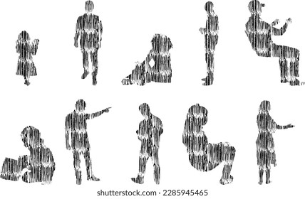Vector illustration, Outline silhouettes of people, Contour drawing, people silhouette, Icon Set Isolated , Silhouette of sitting people, Architectural set	
