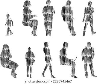 Vector illustration, Outline silhouettes of people, Contour drawing, people silhouette, Icon Set Isolated , Silhouette of sitting people, Architectural set	
