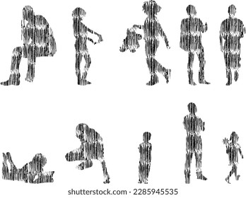 Vector illustration, Outline silhouettes of people, Contour drawing, people silhouette, Icon Set Isolated , Silhouette of sitting people, Architectural set	
