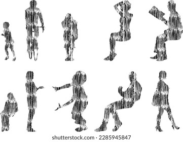 Vector illustration, Outline silhouettes of people, Contour drawing, people silhouette, Icon Set Isolated , Silhouette of sitting people, Architectural set	
