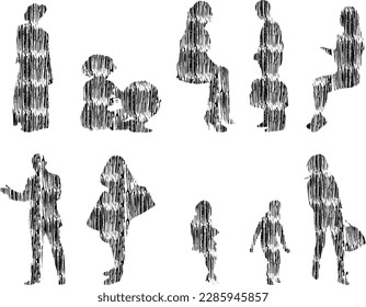 Vector illustration, Outline silhouettes of people, Contour drawing, people silhouette, Icon Set Isolated , Silhouette of sitting people, Architectural set	
