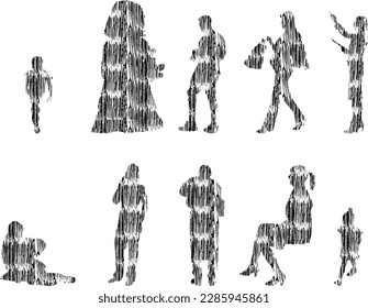 Vector illustration, Outline silhouettes of people, Contour drawing, people silhouette, Icon Set Isolated , Silhouette of sitting people, Architectural set	
