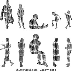 Vector illustration, Outline silhouettes of people, Contour drawing, people silhouette, Icon Set Isolated , Silhouette of sitting people, Architectural set	
