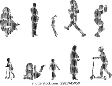 Vector illustration, Outline silhouettes of people, Contour drawing, people silhouette, Icon Set Isolated , Silhouette of sitting people, Architectural set	
