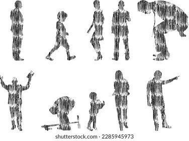 Vector illustration, Outline silhouettes of people, Contour drawing, people silhouette, Icon Set Isolated , Silhouette of sitting people, Architectural set	
