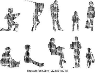 Vector illustration, Outline silhouettes of people, Contour drawing, people silhouette, Icon Set Isolated , Silhouette of sitting people, Architectural set	
