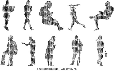 Vector illustration, Outline silhouettes of people, Contour drawing, people silhouette, Icon Set Isolated , Silhouette of sitting people, Architectural set	
