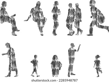 Vector illustration, Outline silhouettes of people, Contour drawing, people silhouette, Icon Set Isolated , Silhouette of sitting people, Architectural set	
