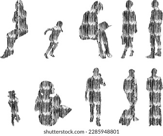 Vector illustration, Outline silhouettes of people, Contour drawing, people silhouette, Icon Set Isolated , Silhouette of sitting people, Architectural set	
