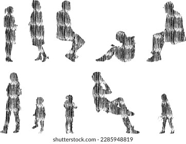Vector illustration, Outline silhouettes of people, Contour drawing, people silhouette, Icon Set Isolated , Silhouette of sitting people, Architectural set	

