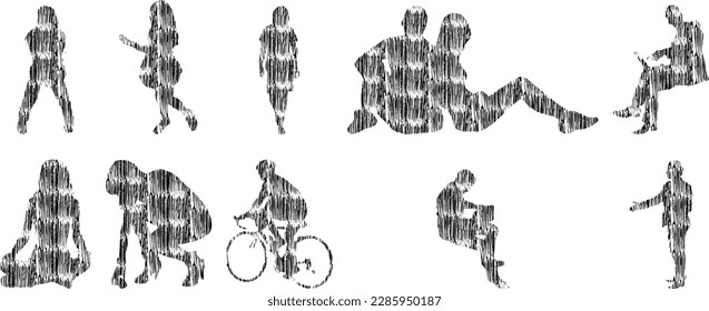 Vector illustration, Outline silhouettes of people, Contour drawing, people silhouette, Icon Set Isolated , Silhouette of sitting people, Architectural set	
