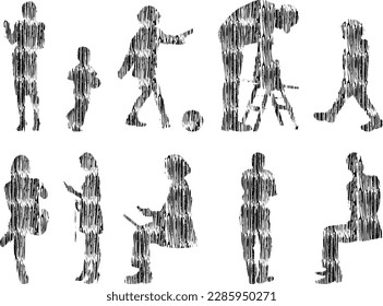Vector illustration, Outline silhouettes of people, Contour drawing, people silhouette, Icon Set Isolated , Silhouette of sitting people, Architectural set	
