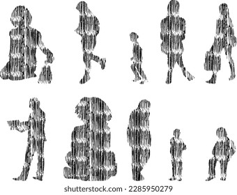 Vector illustration, Outline silhouettes of people, Contour drawing, people silhouette, Icon Set Isolated , Silhouette of sitting people, Architectural set	
