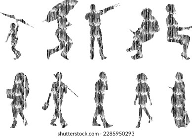 Vector illustration, Outline silhouettes of people, Contour drawing, people silhouette, Icon Set Isolated , Silhouette of sitting people, Architectural set	
