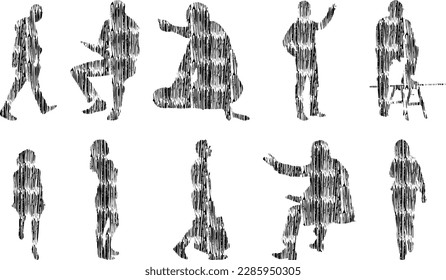 Vector illustration, Outline silhouettes of people, Contour drawing, people silhouette, Icon Set Isolated , Silhouette of sitting people, Architectural set	
