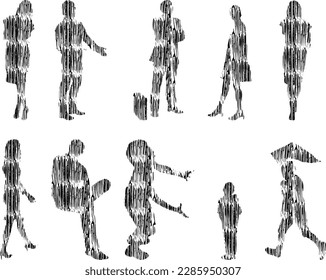 Vector illustration, Outline silhouettes of people, Contour drawing, people silhouette, Icon Set Isolated , Silhouette of sitting people, Architectural set	
