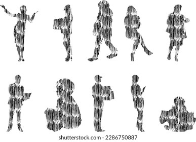 Vector illustration, Outline silhouettes of people, Contour drawing, people silhouette, Icon Set Isolated , Silhouette of sitting people, Architectural set	
