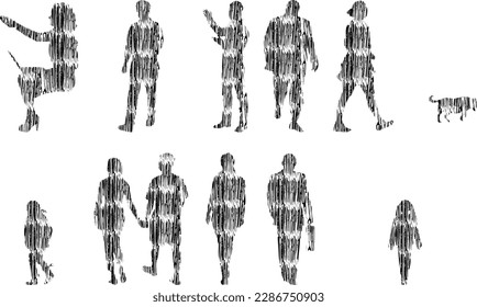 Vector illustration, Outline silhouettes of people, Contour drawing, people silhouette, Icon Set Isolated , Silhouette of sitting people, Architectural set	
