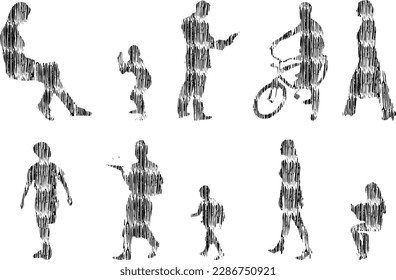 Vector illustration, Outline silhouettes of people, Contour drawing, people silhouette, Icon Set Isolated , Silhouette of sitting people, Architectural set	
