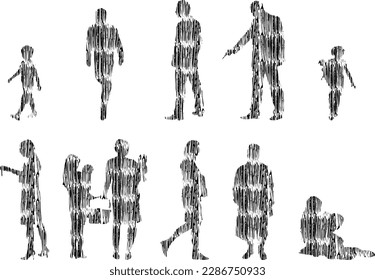 Vector illustration, Outline silhouettes of people, Contour drawing, people silhouette, Icon Set Isolated , Silhouette of sitting people, Architectural set	
