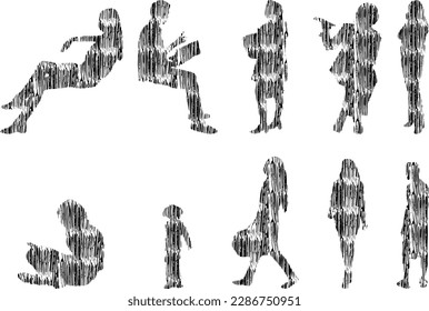 Vector illustration, Outline silhouettes of people, Contour drawing, people silhouette, Icon Set Isolated , Silhouette of sitting people, Architectural set	
