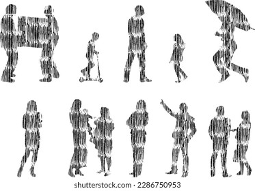 Vector illustration, Outline silhouettes of people, Contour drawing, people silhouette, Icon Set Isolated , Silhouette of sitting people, Architectural set	
