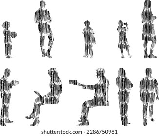 Vector illustration, Outline silhouettes of people, Contour drawing, people silhouette, Icon Set Isolated , Silhouette of sitting people, Architectural set	
