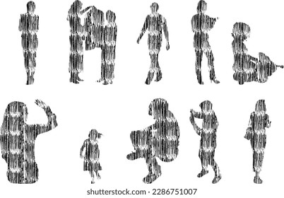 Vector illustration, Outline silhouettes of people, Contour drawing, people silhouette, Icon Set Isolated , Silhouette of sitting people, Architectural set	
