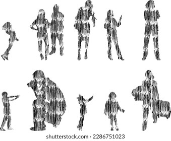 Vector illustration, Outline silhouettes of people, Contour drawing, people silhouette, Icon Set Isolated , Silhouette of sitting people, Architectural set	
