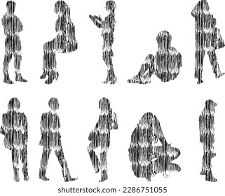 Vector illustration, Outline silhouettes of people, Contour drawing, people silhouette, Icon Set Isolated , Silhouette of sitting people, Architectural set	
