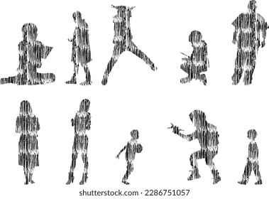 Vector illustration, Outline silhouettes of people, Contour drawing, people silhouette, Icon Set Isolated , Silhouette of sitting people, Architectural set	
