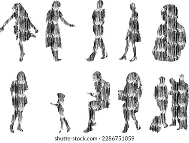 Vector illustration, Outline silhouettes of people, Contour drawing, people silhouette, Icon Set Isolated , Silhouette of sitting people, Architectural set	
