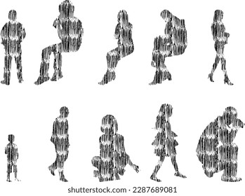 Vector illustration, Outline silhouettes of people, Contour drawing, people silhouette, Icon Set Isolated , Silhouette of sitting people, Architectural set	