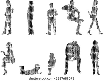 Vector illustration, Outline silhouettes of people, Contour drawing, people silhouette, Icon Set Isolated , Silhouette of sitting people, Architectural set	