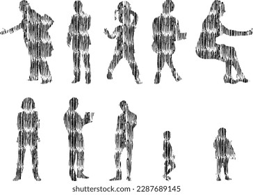 Vector illustration, Outline silhouettes of people, Contour drawing, people silhouette, Icon Set Isolated , Silhouette of sitting people, Architectural set	
