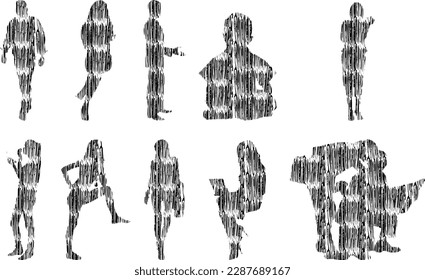 Vector illustration, Outline silhouettes of people, Contour drawing, people silhouette, Icon Set Isolated , Silhouette of sitting people, Architectural set	