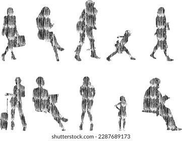 Vector illustration, Outline silhouettes of people, Contour drawing, people silhouette, Icon Set Isolated , Silhouette of sitting people, Architectural set	
